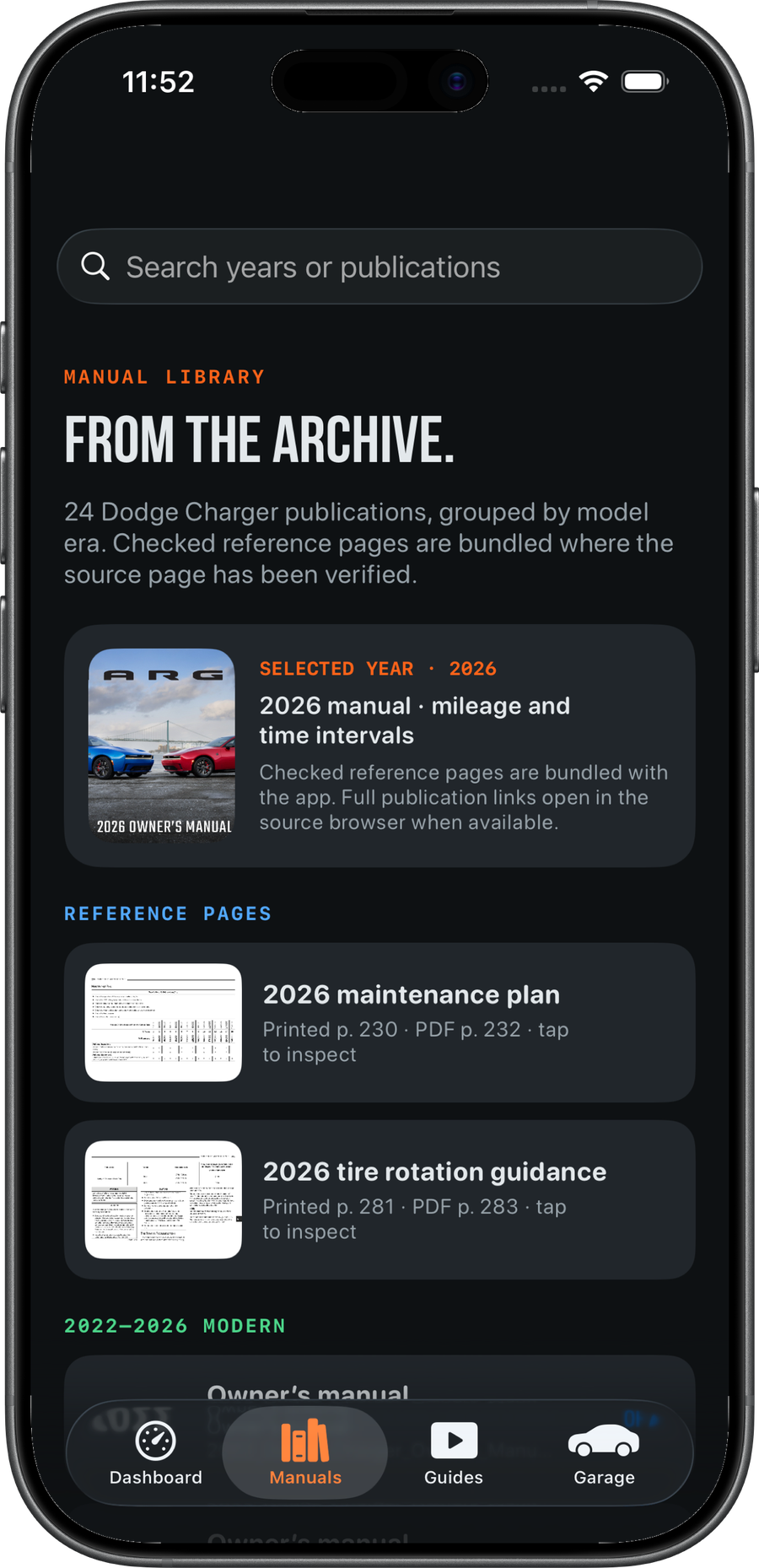 Manual archive screen in Dodge Charger Maintenance