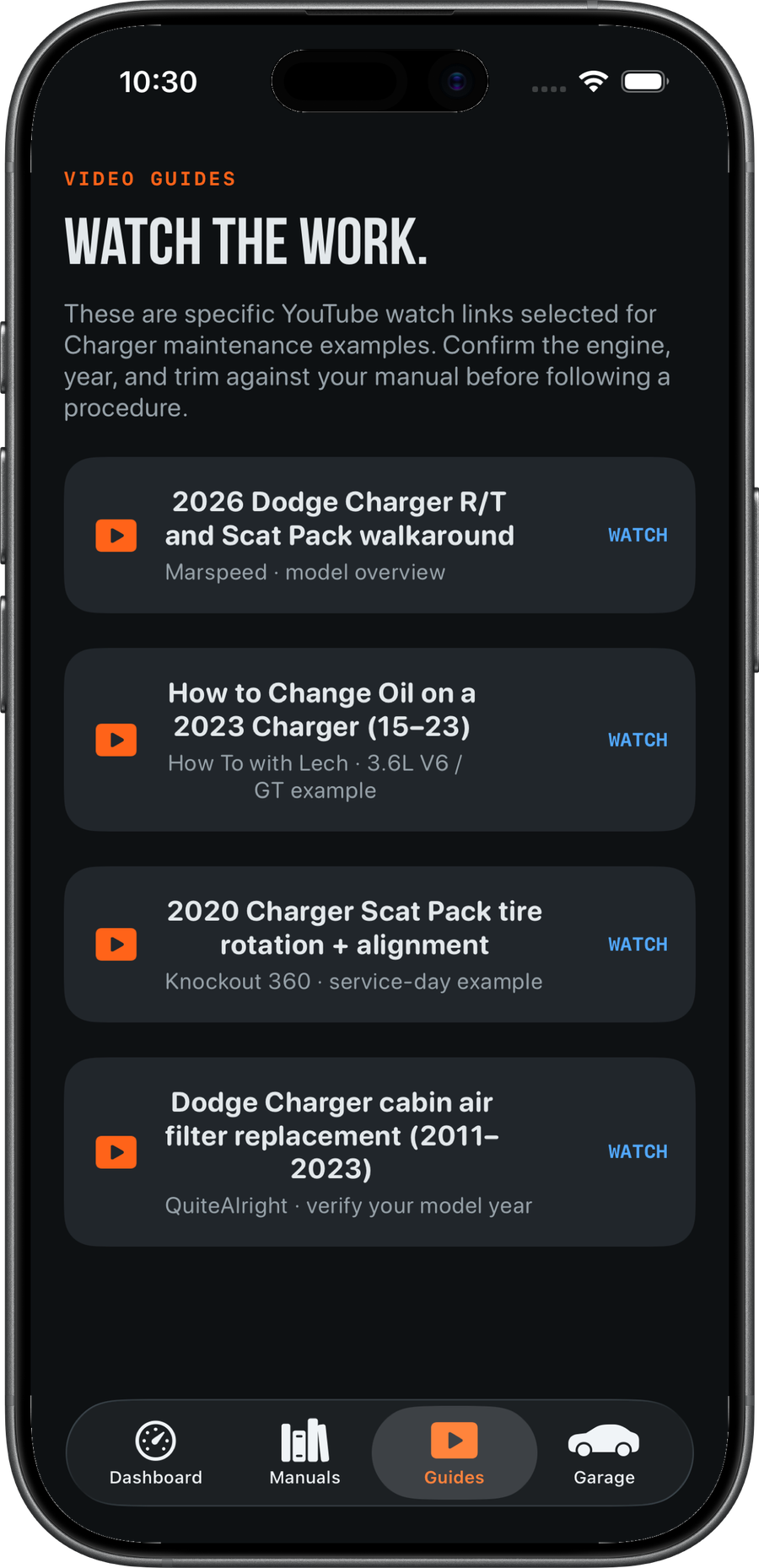 Video guides screen in Dodge Charger Maintenance