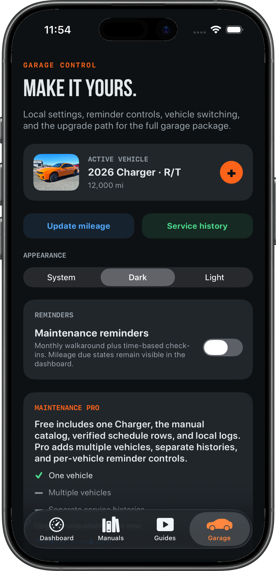 Garage controls for vehicle mileage, service history, appearance, and reminders
