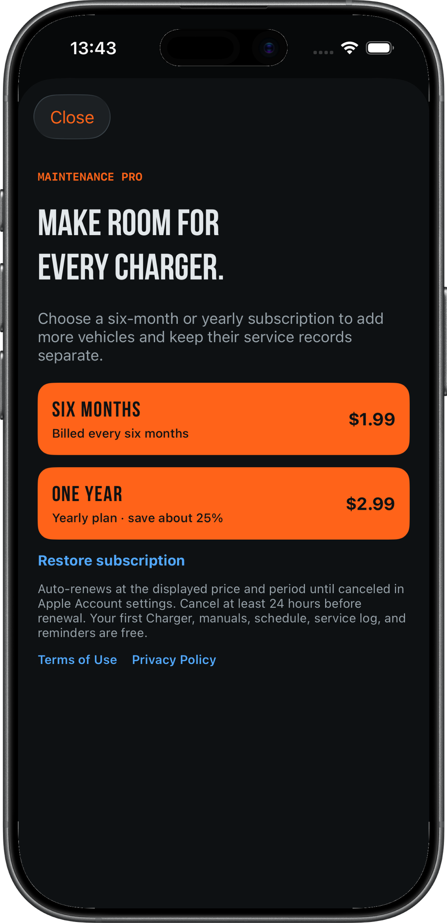 Maintenance Pro subscription options for multiple vehicles